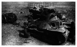 Soviet troops examine a disabled Japanese Ha-Go tank in the aftermath if the Battle of Khalin Gol, November 1939.